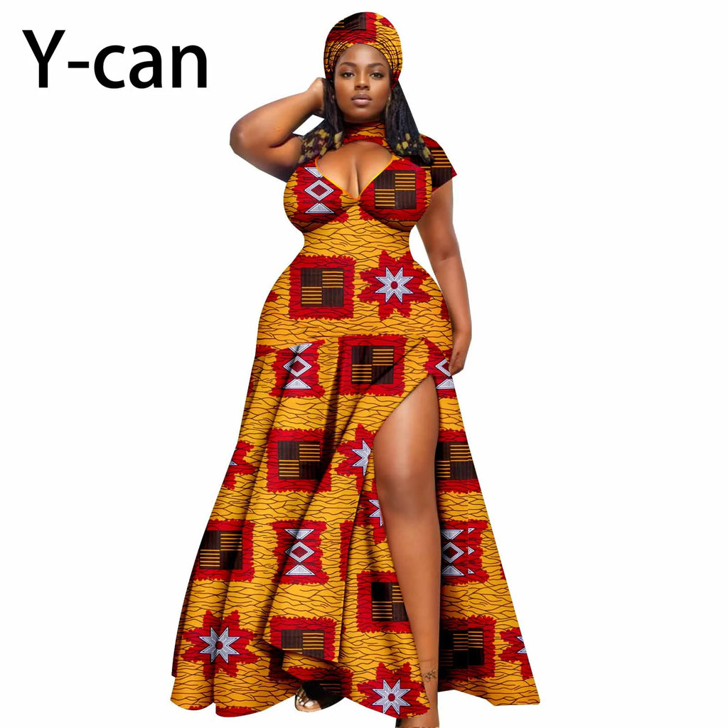 Dashiki African Women Dress Bazin Batik Sleeveless Slim Fit Mermaid Long Dress Sexy Hollow Women Dress with Headscarf 2425143 | Afrocentric