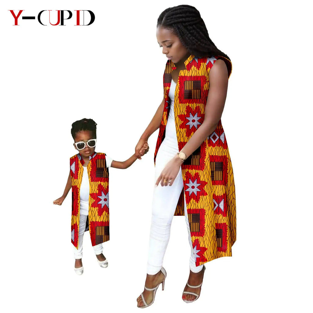 African Print Long Vest for Women and Girls Dashiki Summer Cotton Ankara Mother Jacket Outfits Matching Daughter Clothes 24F041 | Afrocentric