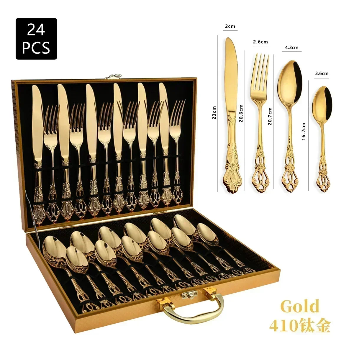 Luxury Retro Cutlery Set | Engraved Stainless Steel Flatware | 4pc, 5pc, 16pc & 24pc Sets Golden 24pcs Box China Mainland | Afrocentric