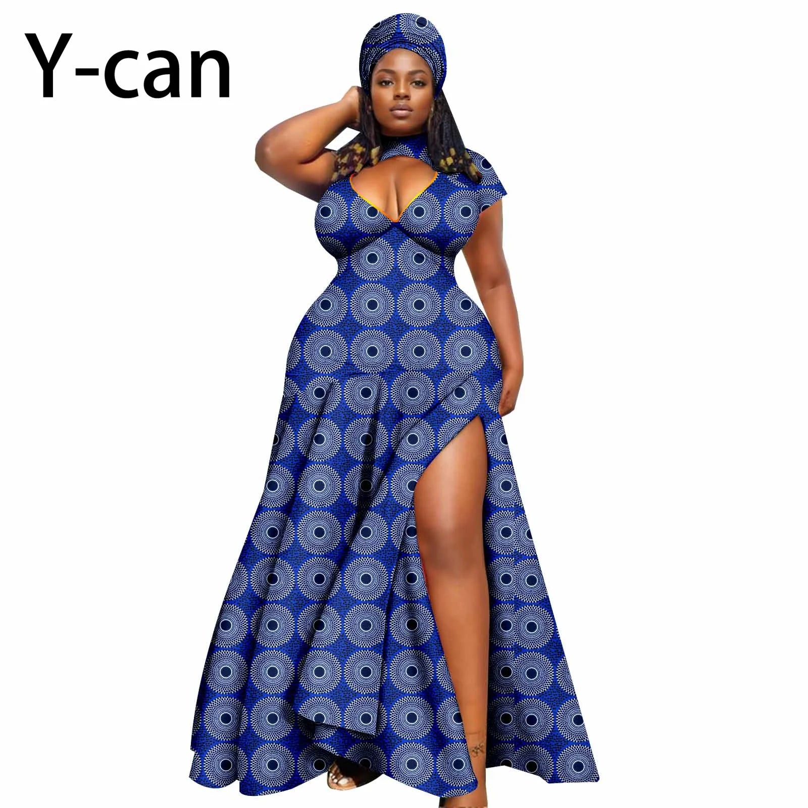 Dashiki African Women Dress Bazin Batik Sleeveless Slim Fit Mermaid Long Dress Sexy Hollow Women Dress with Headscarf 2425143 746 | Afrocentric