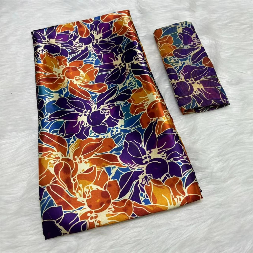 African Satin Silk Fabric High Quality Silk Fabric And Chiffon Tulle Blouse 4+2 Yards Nigerian Women Clothes Garment Cloth 22 6 yards | Afrocentric