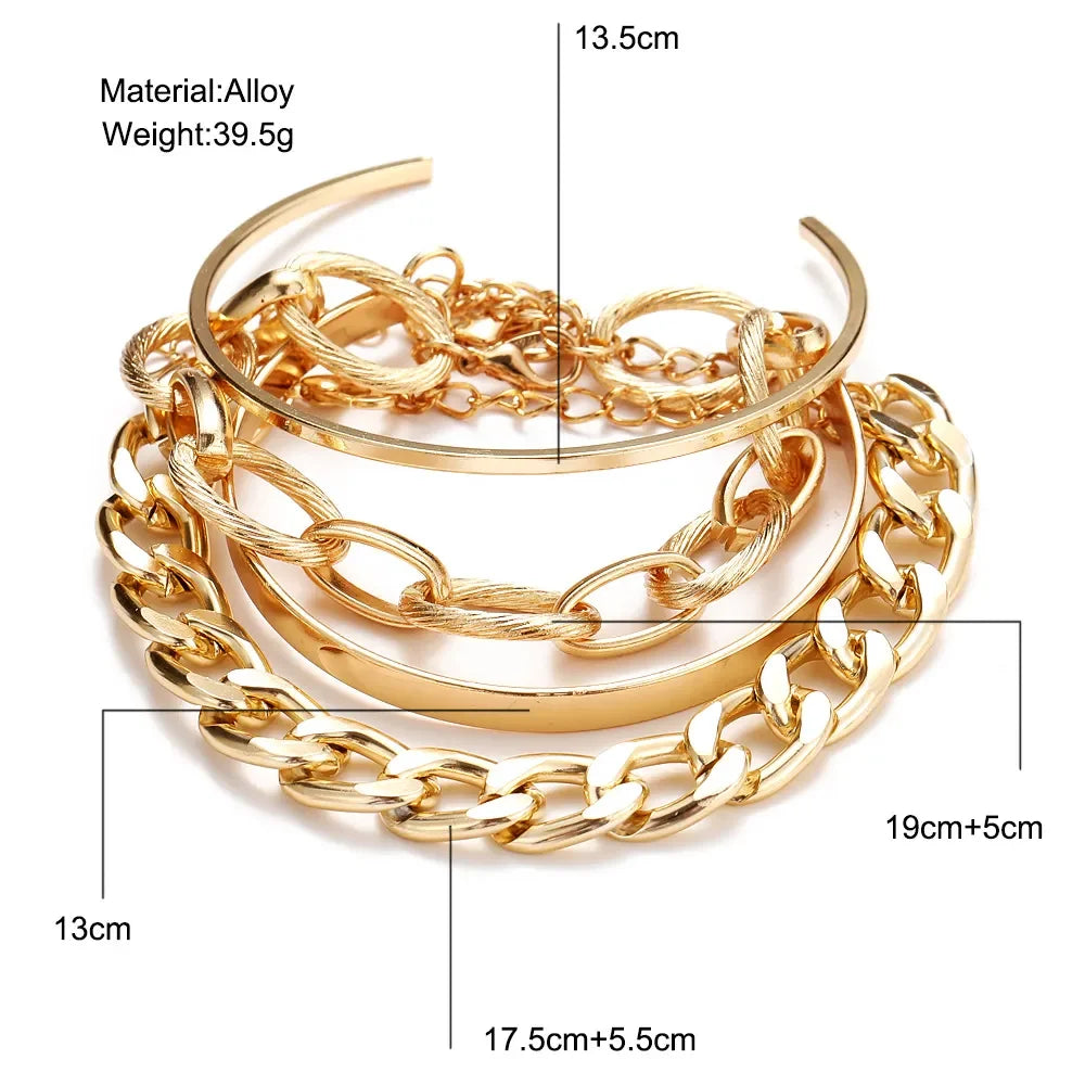 Boho Gold Chain Bracelet Set | Geometric Link Chain Open Bangle for Women | Afrocentric