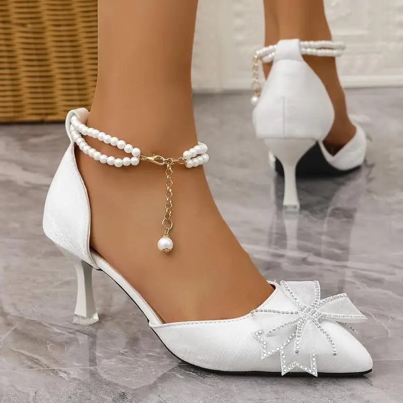 Elegant Pearl Chain Ankle Strap Pumps - Bowknot Pointed Toe High Heel Wedding Shoes | Afrocentric