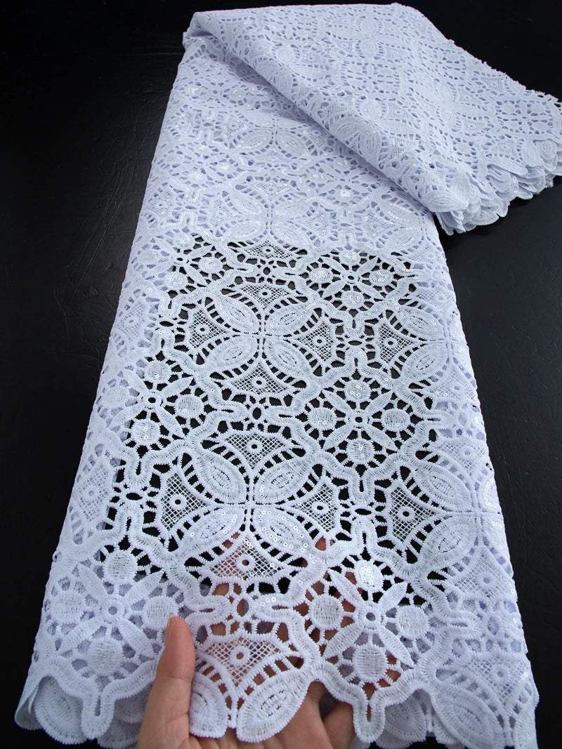 Kalume African Guipure Cord Lace Fabric with Sequins 2025 High Quality Nigerian Lace Fabrics 5 Yards for Wedding Dresses F3610 30398 5yard | Afrocentric