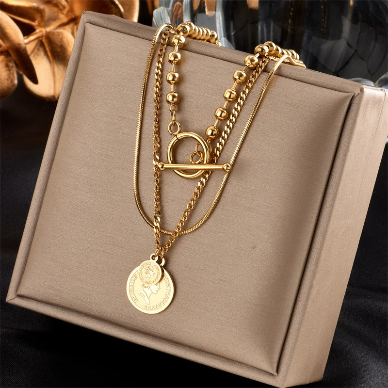 Multilayer Coin Pendant Necklace | Layered Chain for Women N1415 | Afrocentric