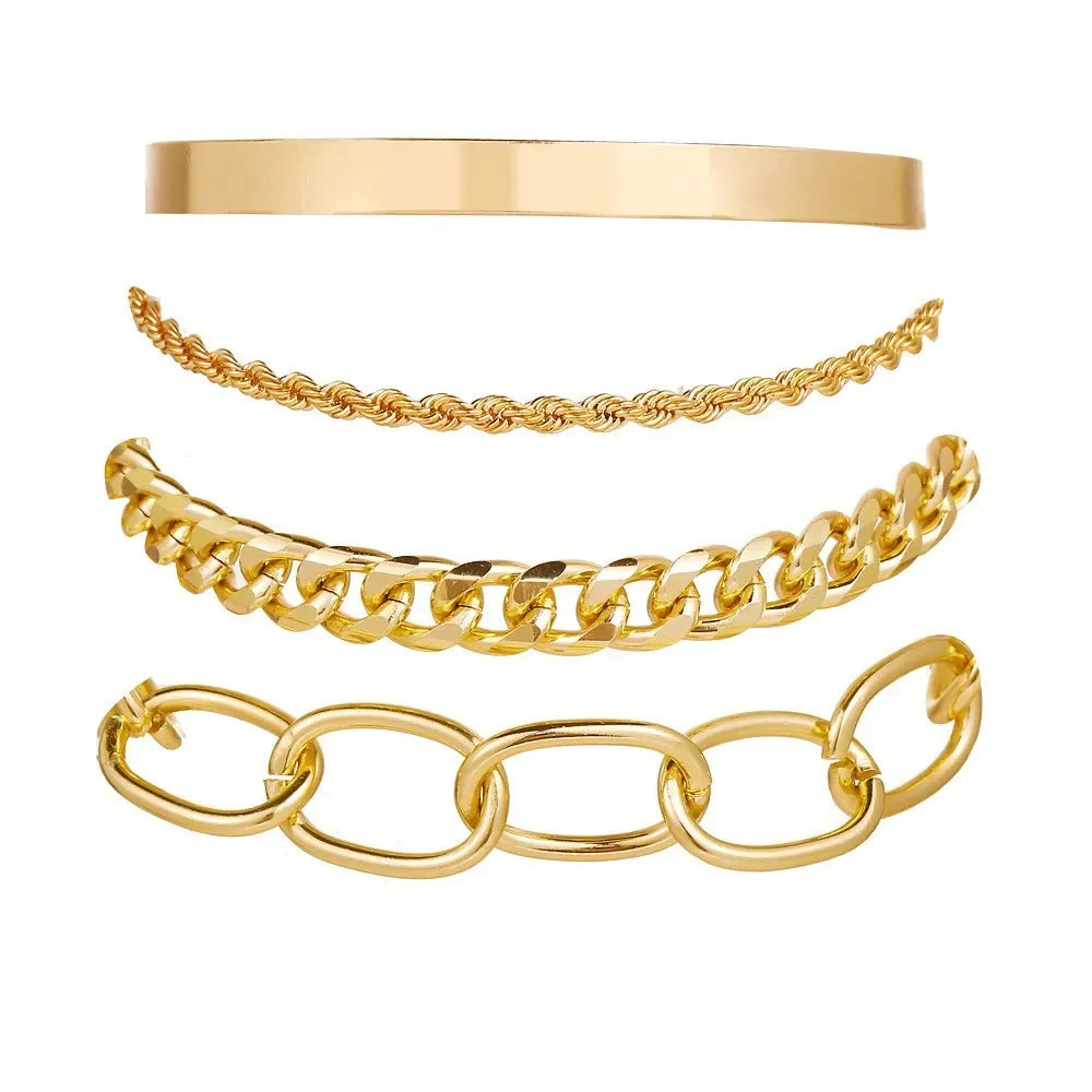 Boho Gold Chain Bracelet Set | Geometric Link Chain Open Bangle for Women | Afrocentric
