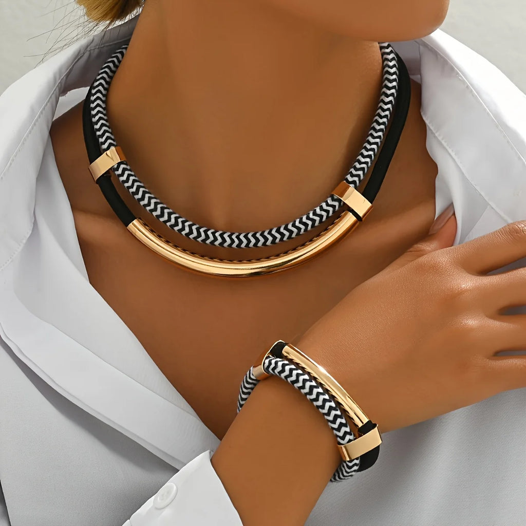 2PCS Hip-Hop Style Metal Tube Necklace & Bracelet Set - Black & White Exaggerated Fashion Jewelry | Afrocentric