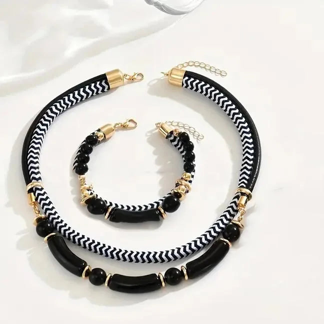 2PCS Hip-Hop Style Metal Tube Necklace & Bracelet Set - Black & White Exaggerated Fashion Jewelry BK-2pcs | Afrocentric