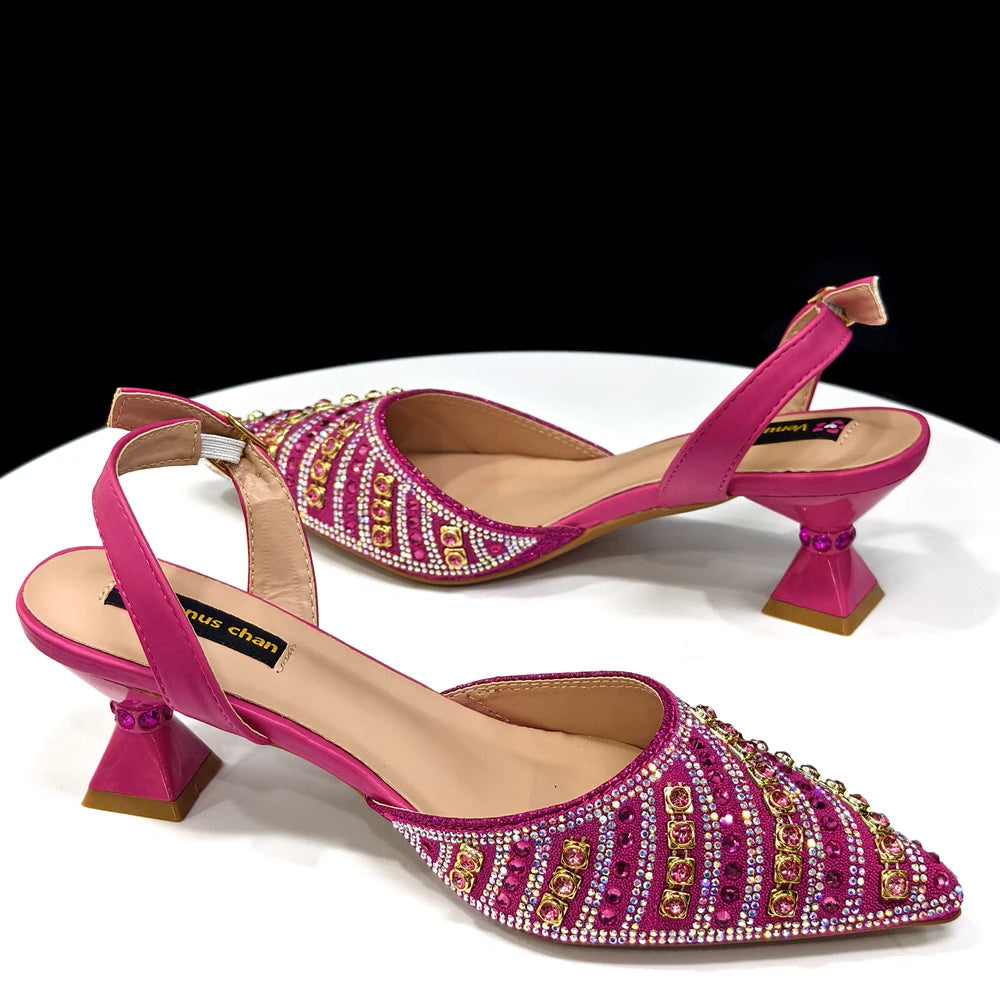 2025 Italian Fashion Pointed Toe Rhinestone Women Heels & Bag Set | Afrocentric