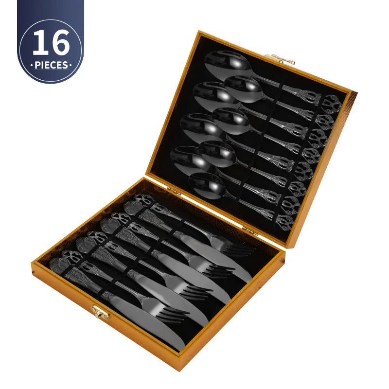 Luxury Retro Cutlery Set | Engraved Stainless Steel Flatware | 4pc, 5pc, 16pc & 24pc Sets Black 16pcs Box China Mainland | Afrocentric
