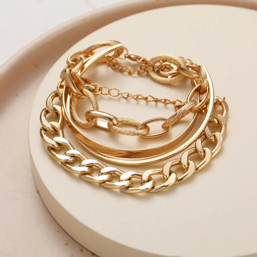 Boho Gold Chain Bracelet Set | Geometric Link Chain Open Bangle for Women | Afrocentric