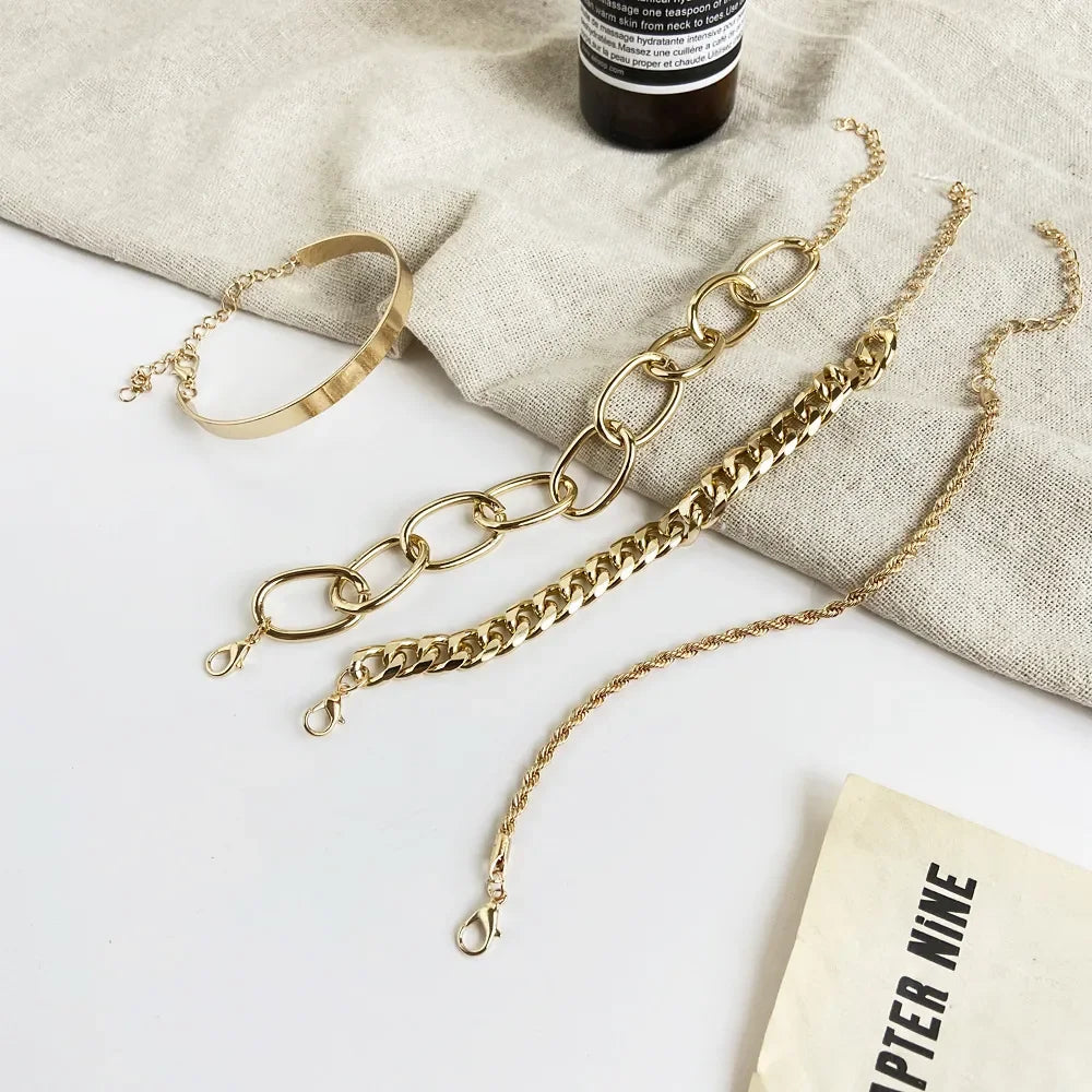 Boho Gold Chain Bracelet Set | Geometric Link Chain Open Bangle for Women | Afrocentric