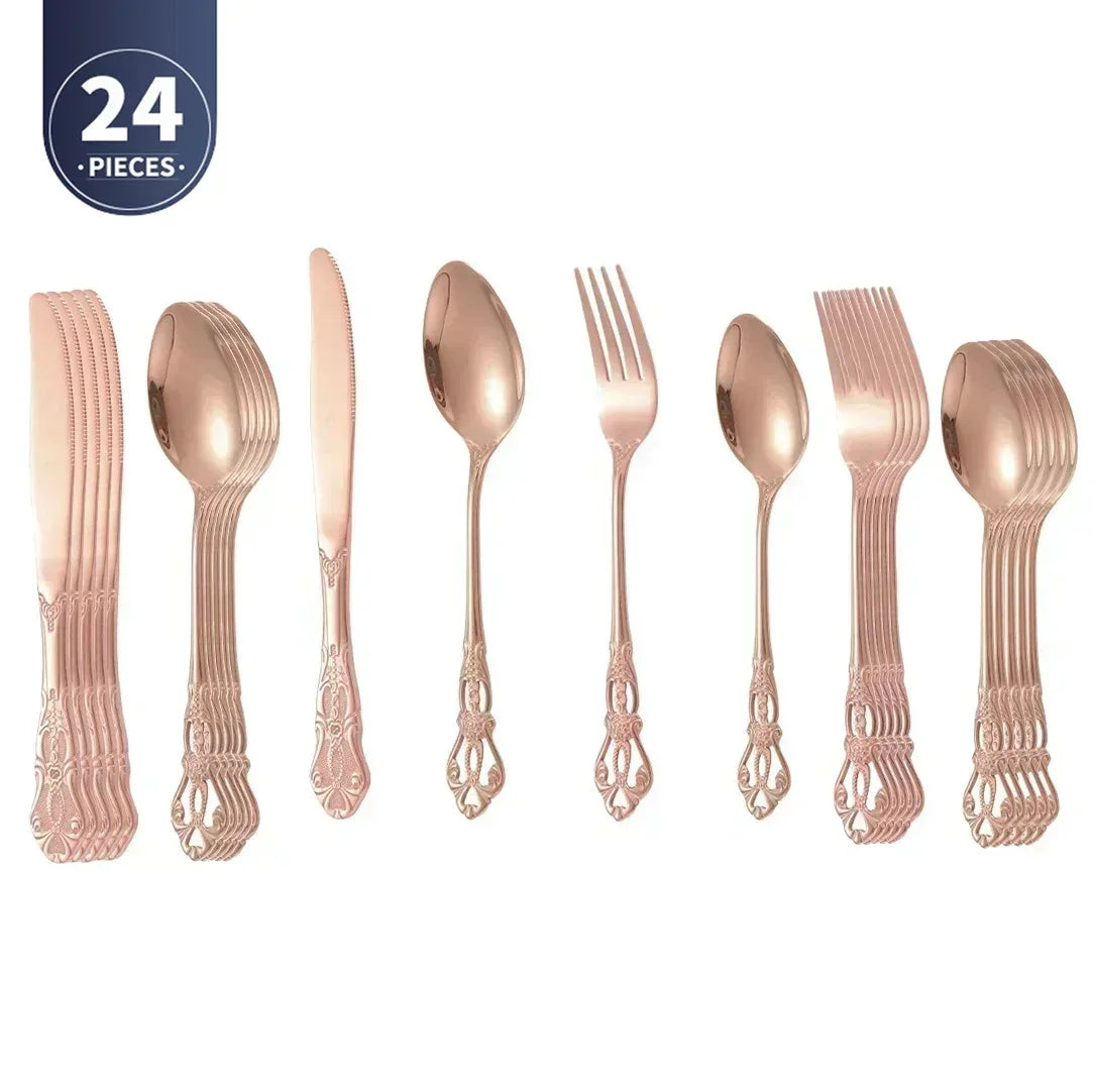 Luxury Retro Cutlery Set | Engraved Stainless Steel Flatware | 4pc, 5pc, 16pc & 24pc Sets Rose Gold 24pcs China Mainland | Afrocentric