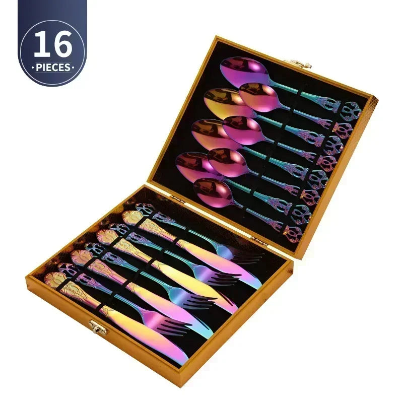 Luxury Retro Cutlery Set | Engraved Stainless Steel Flatware | 4pc, 5pc, 16pc & 24pc Sets Rainbow 16pcs Box China Mainland | Afrocentric