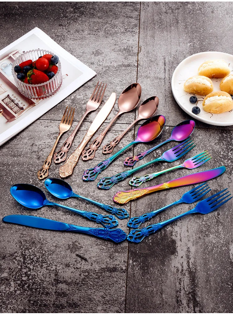 Luxury Retro Cutlery Set | Engraved Stainless Steel Flatware | 4pc, 5pc, 16pc & 24pc Sets | Afrocentric