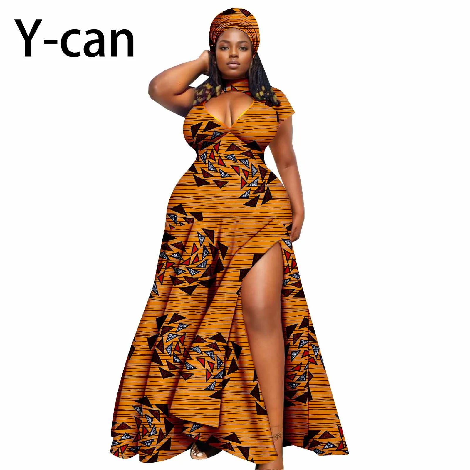 Dashiki African Women Dress Bazin Batik Sleeveless Slim Fit Mermaid Long Dress Sexy Hollow Women Dress with Headscarf 2425143 649 | Afrocentric