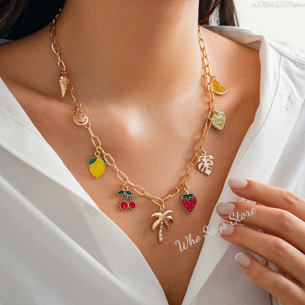 Boho Fruit Charm Choker Necklace | Cherry, Strawberry & Sweet Dopamine Jewellery | Afrocentric