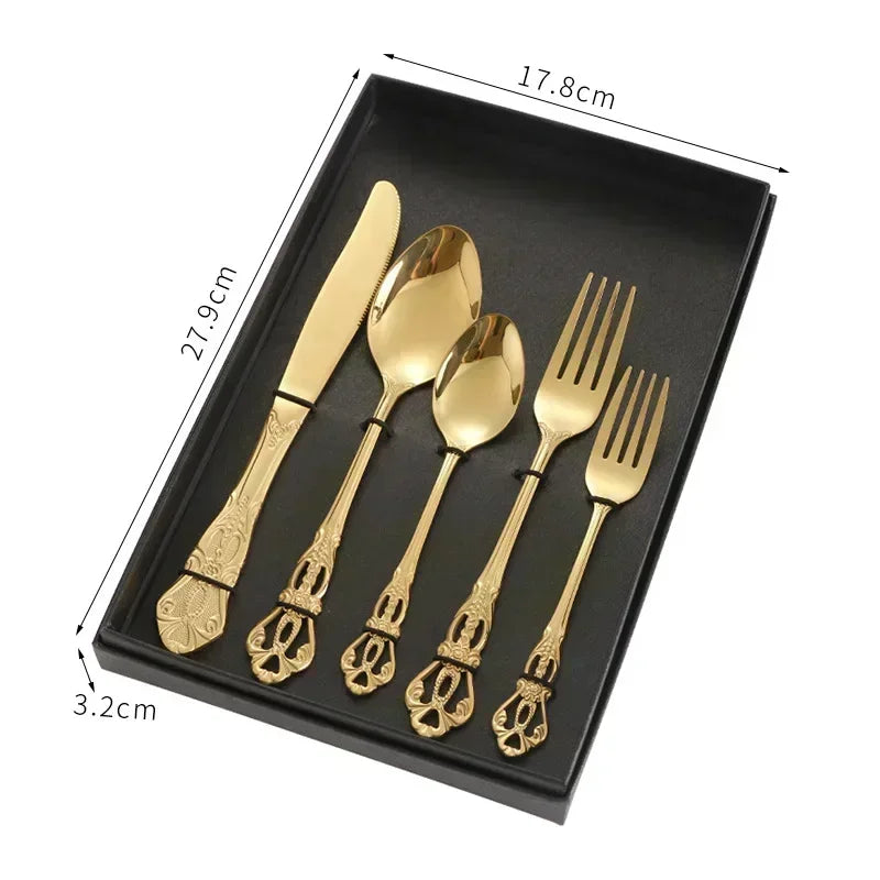 Luxury Retro Cutlery Set | Engraved Stainless Steel Flatware | 4pc, 5pc, 16pc & 24pc Sets Gold 5pcs Box China Mainland | Afrocentric