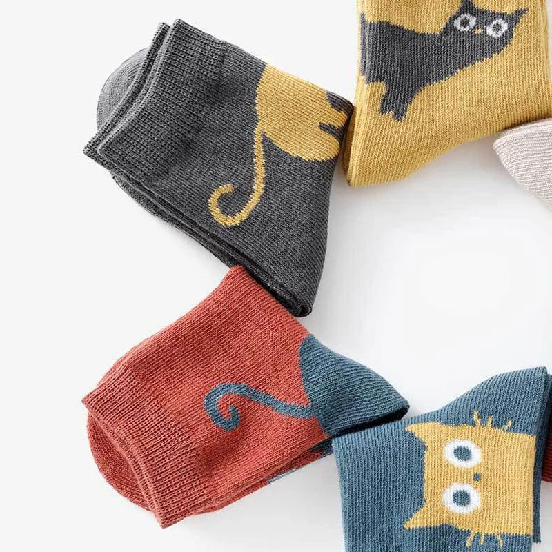 5 Pairs Kids Cartoon Cat Socks - Comfortable Breathable Children Socks for Boys & Girls | Afrocentric