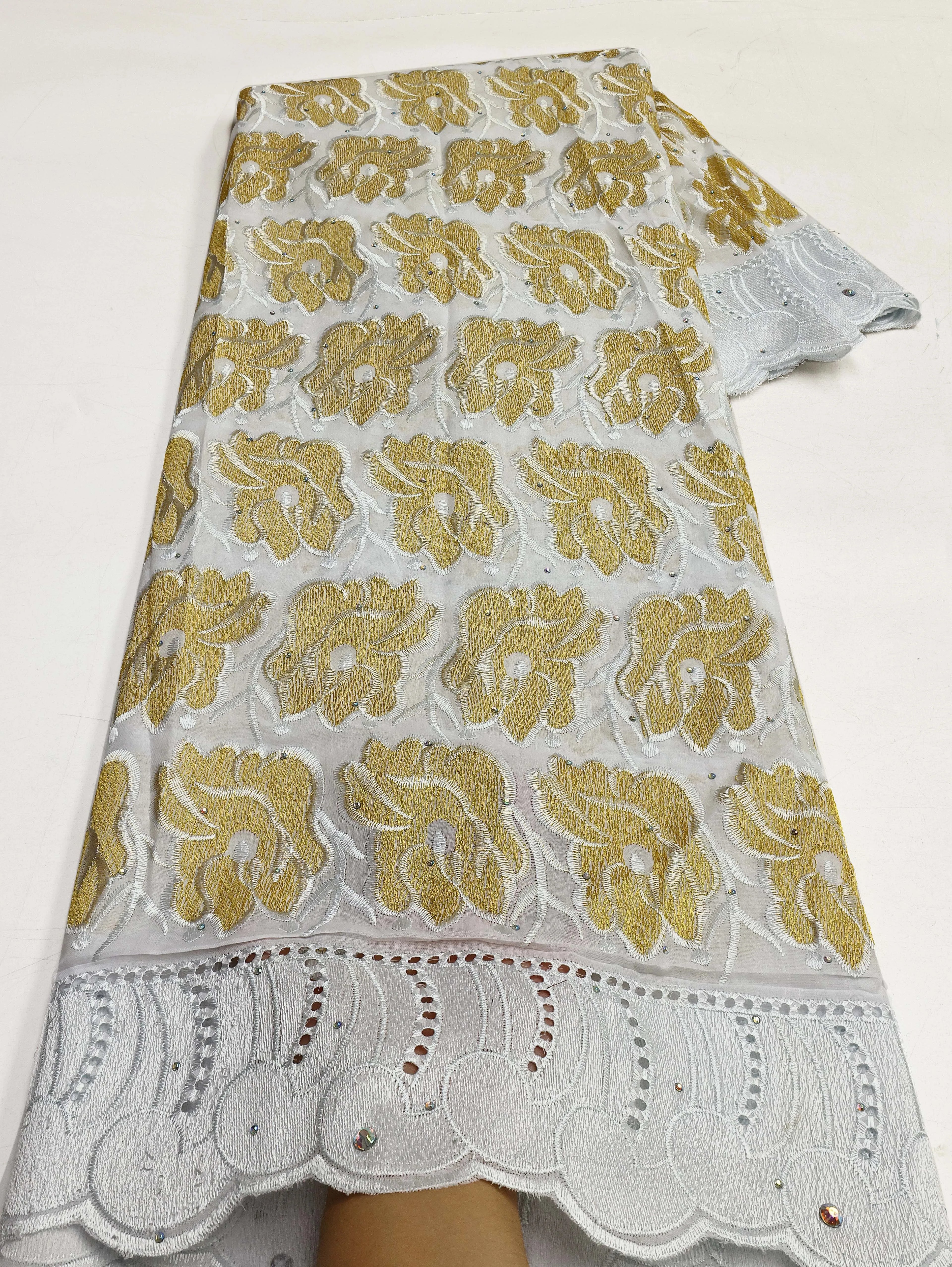 Swiss Voile Lace In Switzerland With 3D Flower Applique Stones 2026 Super Quality African Lace Fabric For Wedding Lace Dress LY3527-1 120cm 5 Yards | Afrocentric
