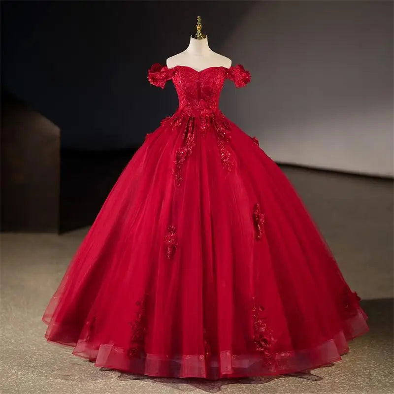 Floral Quinceañera Ball Gown – Off Shoulder Tulle Dress (Plus Size Available)