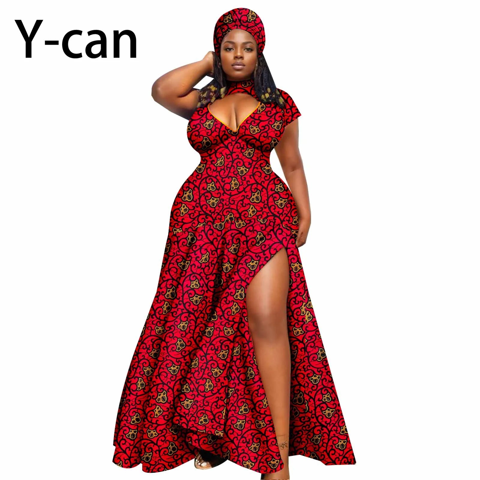 Dashiki African Women Dress Bazin Batik Sleeveless Slim Fit Mermaid Long Dress Sexy Hollow Women Dress with Headscarf 2425143 726 | Afrocentric