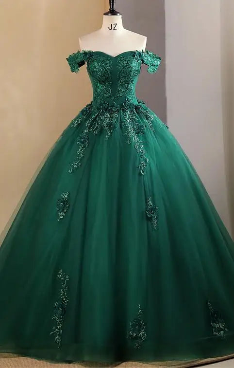 Floral Quinceañera Ball Gown – Off Shoulder Tulle Dress (Plus Size Available)