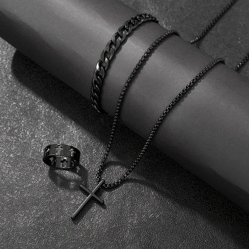 Men's 3-Piece Jewelry Set | Cross Pendant Necklace, Bracelet & Ring Combo | Afrocentric