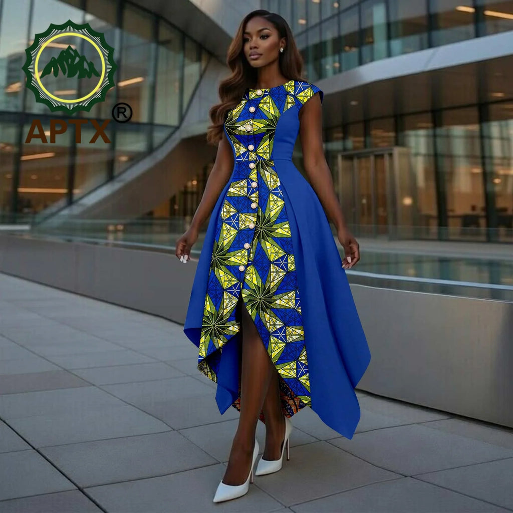 African Dress for Women Ankara Print O-Neck Short Sleeve Ankle-Length Patchwork Asymmetrical Dress Dashiki Casual Party | Afrocentric
