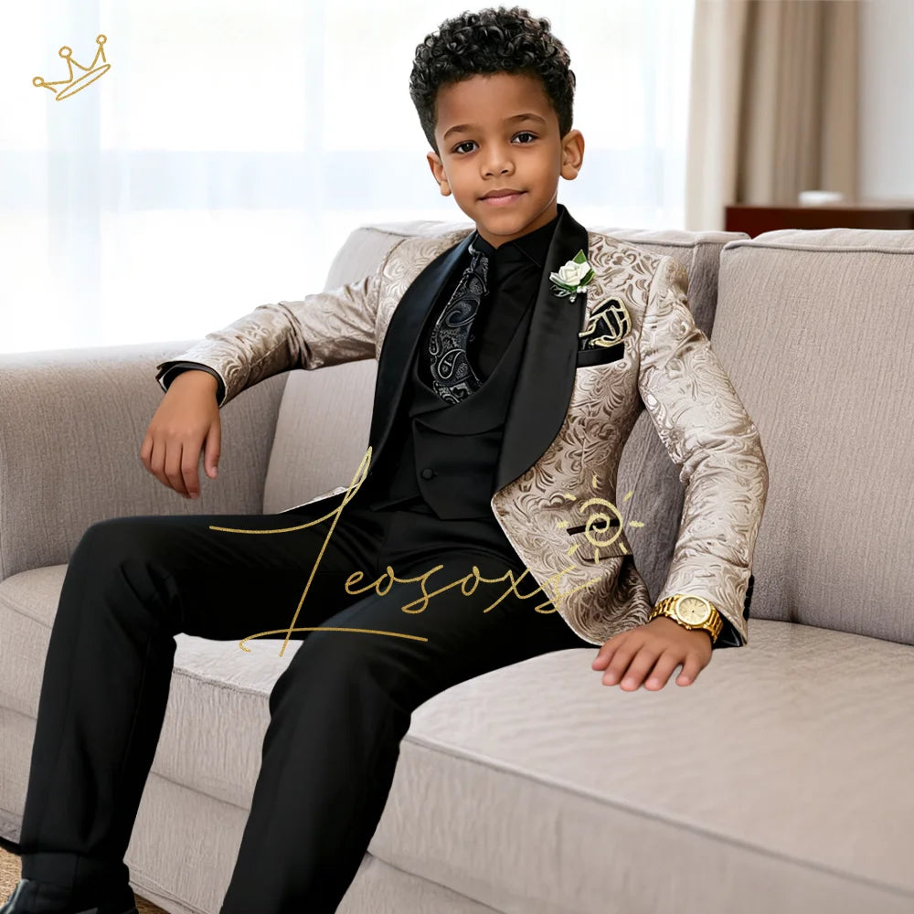 Boys 3-Piece Jacquard Suit | Blazer, Vest & Pants Formal Set for Kids Champagne | Afrocentric