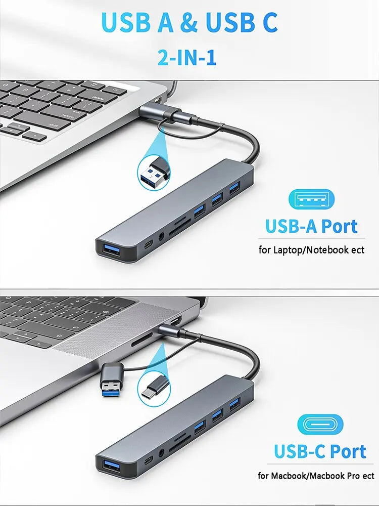 8-in-1 USB-C Hub - 4 USB Ports, USB-C, TF/SD Card Reader & 3.5mm Audio for MacBook & iPad | Afrocentric