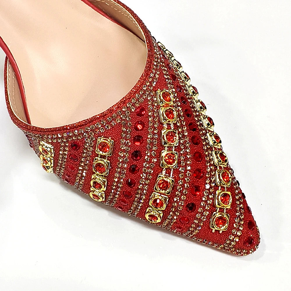 2025 Italian Fashion Pointed Toe Rhinestone Women Heels & Bag Set | Afrocentric
