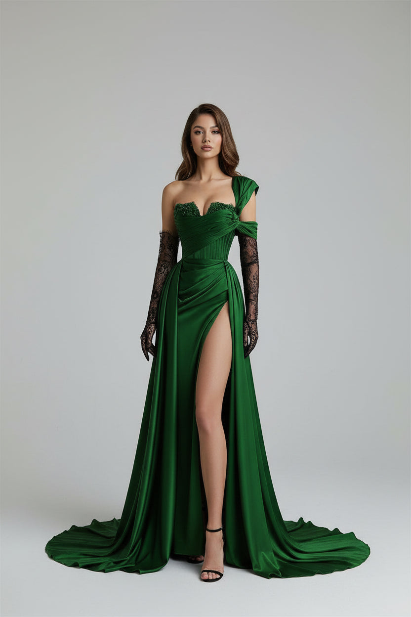 Mermaid Evening Dress | One Shoulder High Split Satin Prom Gown Green | Afrocentric