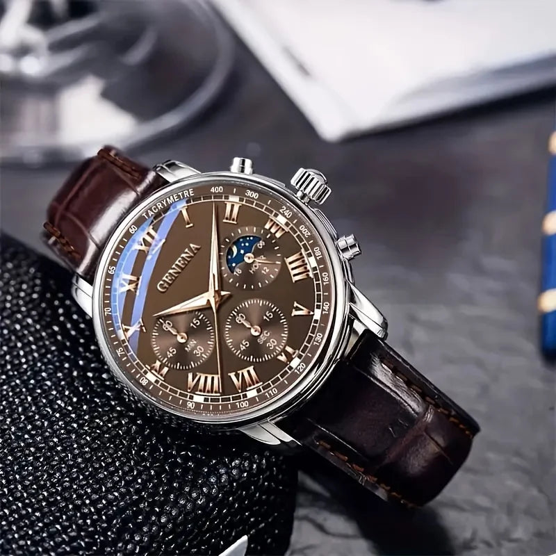 Men's Luxury Quartz Watch | Roman Numeral Dial, Leather Strap & Glow Hands | Afrocentric