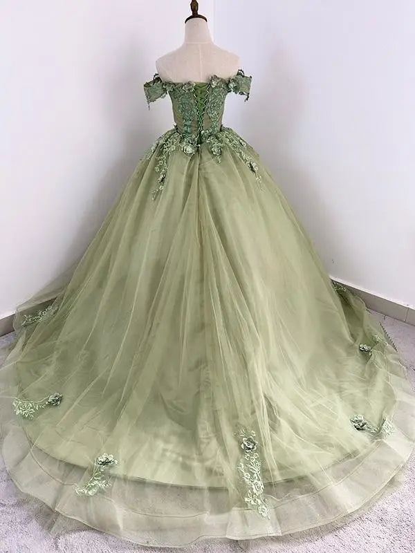 Floral Quinceañera Ball Gown – Off Shoulder Tulle Dress (Plus Size Available)
