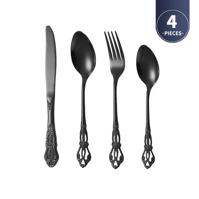 Luxury Retro Cutlery Set | Engraved Stainless Steel Flatware | 4pc, 5pc, 16pc & 24pc Sets Black 4pcs China Mainland | Afrocentric