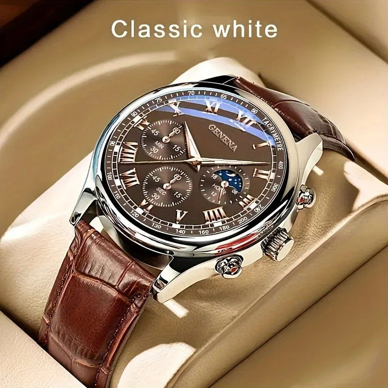 Men's Luxury Quartz Watch | Roman Numeral Dial, Leather Strap & Glow Hands BROWN | Afrocentric