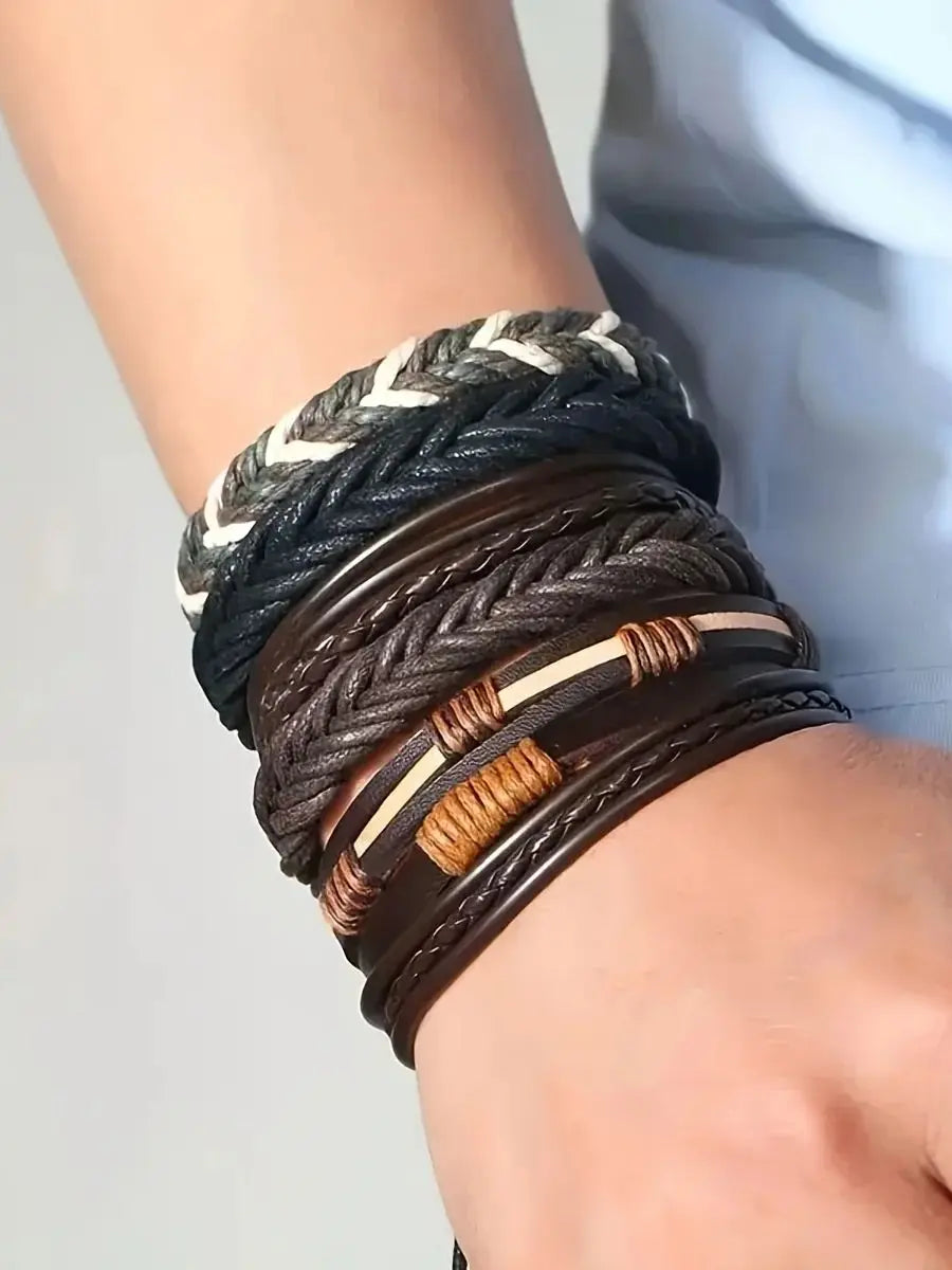 Braided Leather Bracelet Set | Ethnic Tribal Handmade Wrap Bracelets with Wood Beads | Afrocentric