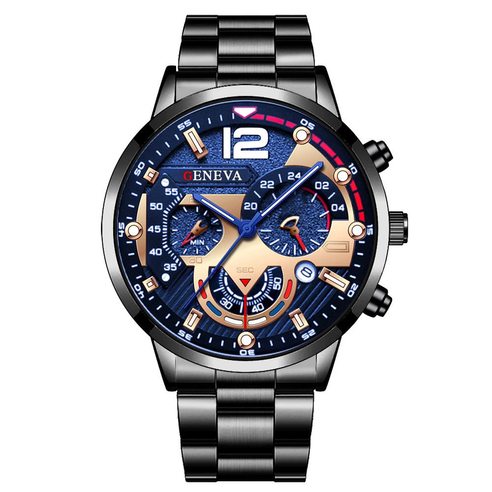 Men's Stainless Steel Quartz Watch | Minimalist Needle Dial Fashion Watch Black Blue | Afrocentric