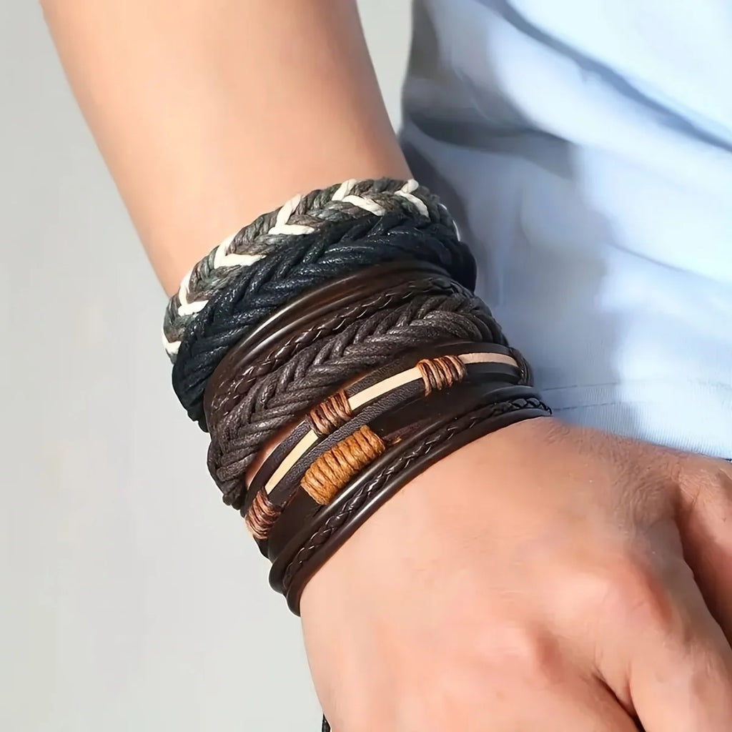 Braided Leather Bracelet Set | Ethnic Tribal Handmade Wrap Bracelets with Wood Beads | Afrocentric