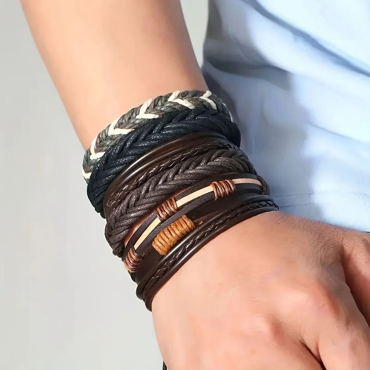 Braided Leather Bracelet Set | Ethnic Tribal Handmade Wrap Bracelets with Wood Beads | Afrocentric