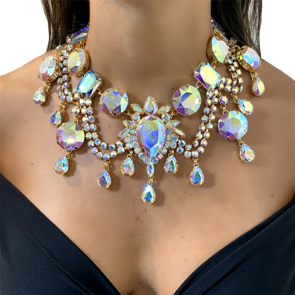 Crystal Rhinestone Choker Necklace | Luxury Geometric Water Drop Chain Collar 08 | Afrocentric