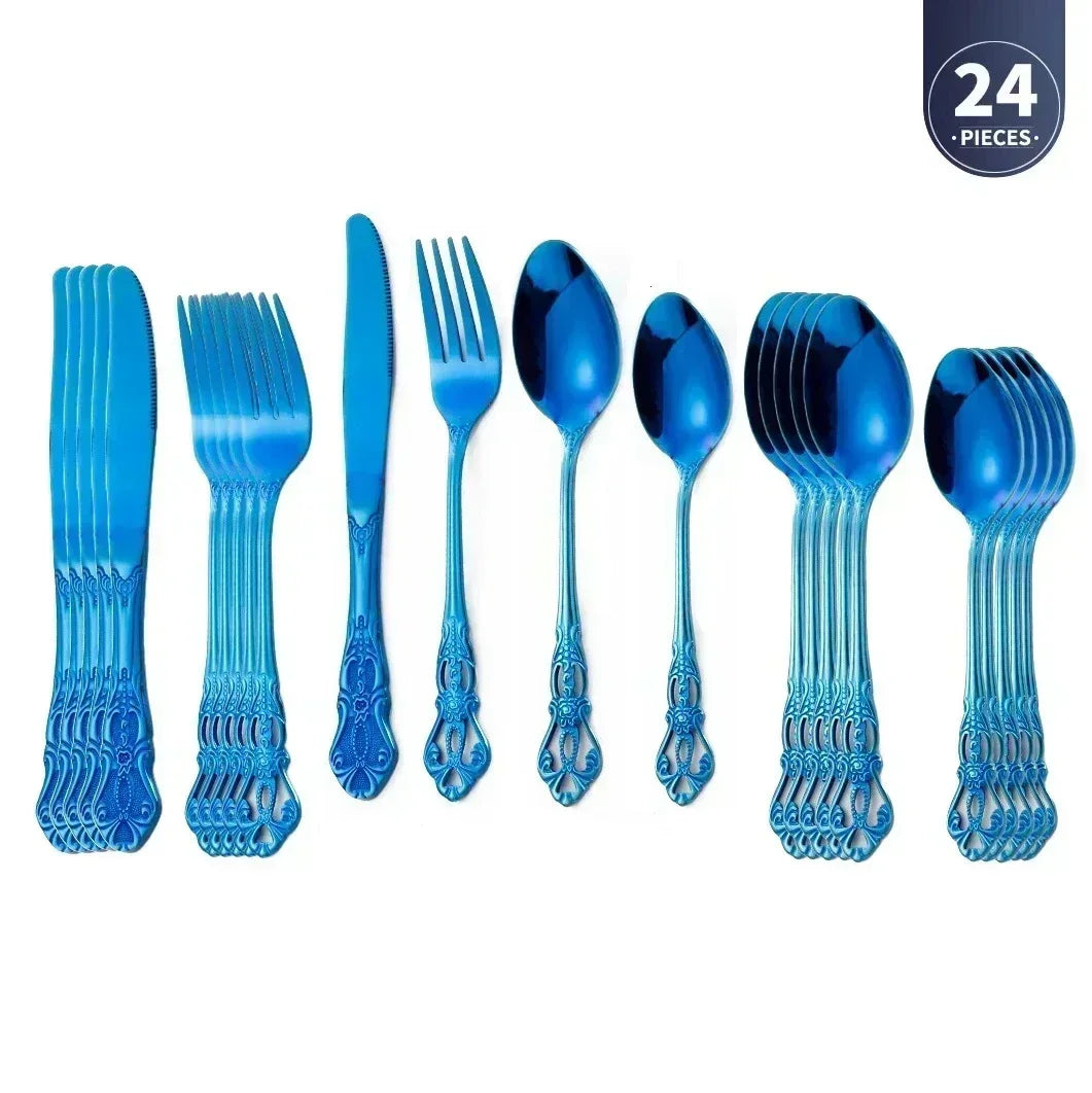 Luxury Retro Cutlery Set | Engraved Stainless Steel Flatware | 4pc, 5pc, 16pc & 24pc Sets Blue 24pcs China Mainland | Afrocentric