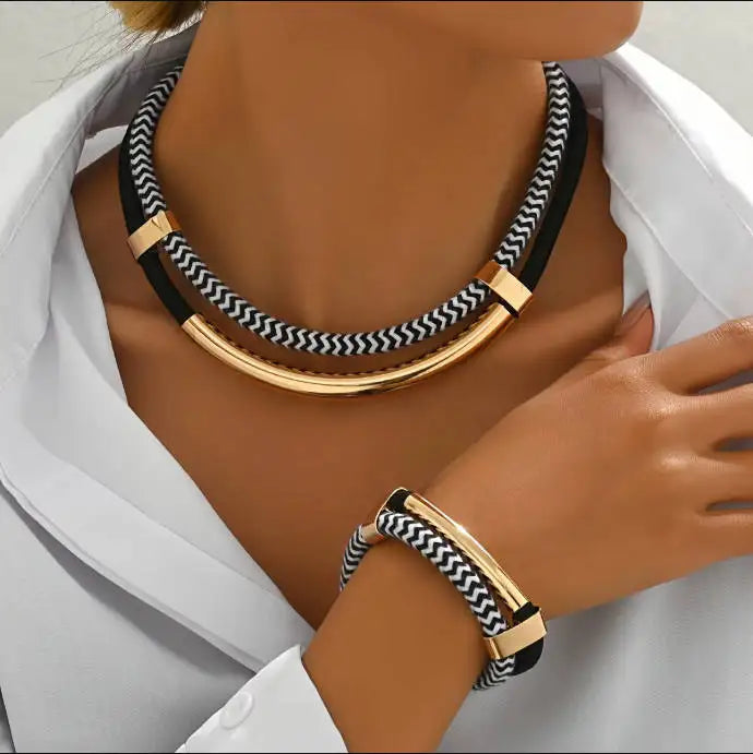 2PCS Hip-Hop Style Metal Tube Necklace & Bracelet Set - Black & White Exaggerated Fashion Jewelry GD-2pcs | Afrocentric