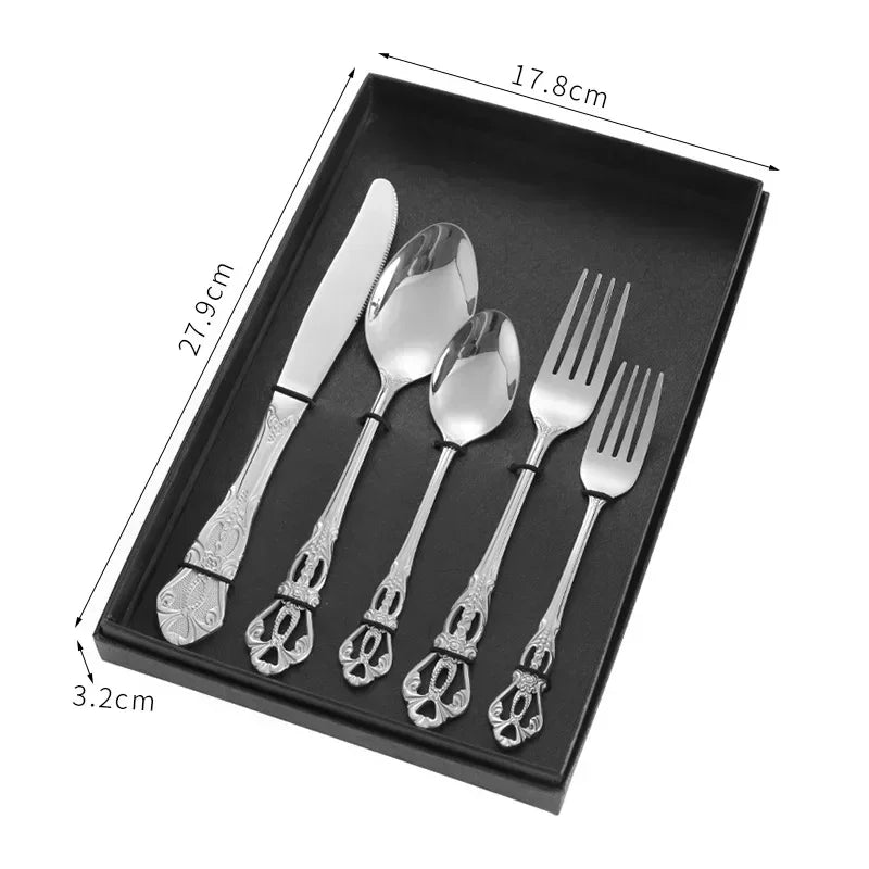 Luxury Retro Cutlery Set | Engraved Stainless Steel Flatware | 4pc, 5pc, 16pc & 24pc Sets Silver 5pcs Box China Mainland | Afrocentric