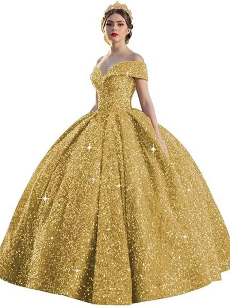 Customized Ball Gown Quinceanera Dresses Shiny Sequins Off Shoulder Prom Birthday Party Gowns Formal Vestido De Anos Sweet 16