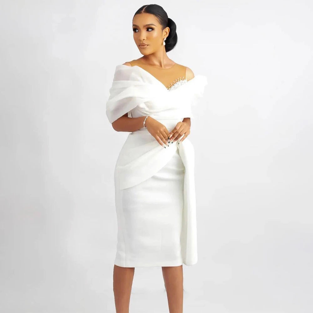 Short Wedding Dress | Off Shoulder Beaded Sheath Bridal Gown Knee Length Brown Nude n White | Afrocentric