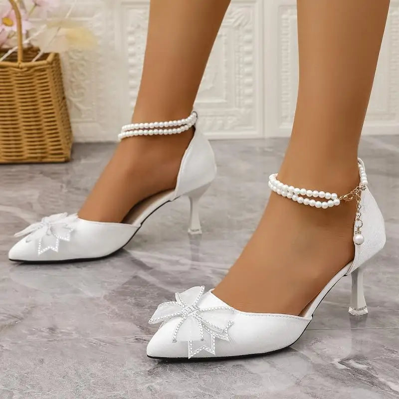 Elegant Pearl Chain Ankle Strap Pumps - Bowknot Pointed Toe High Heel Wedding Shoes | Afrocentric