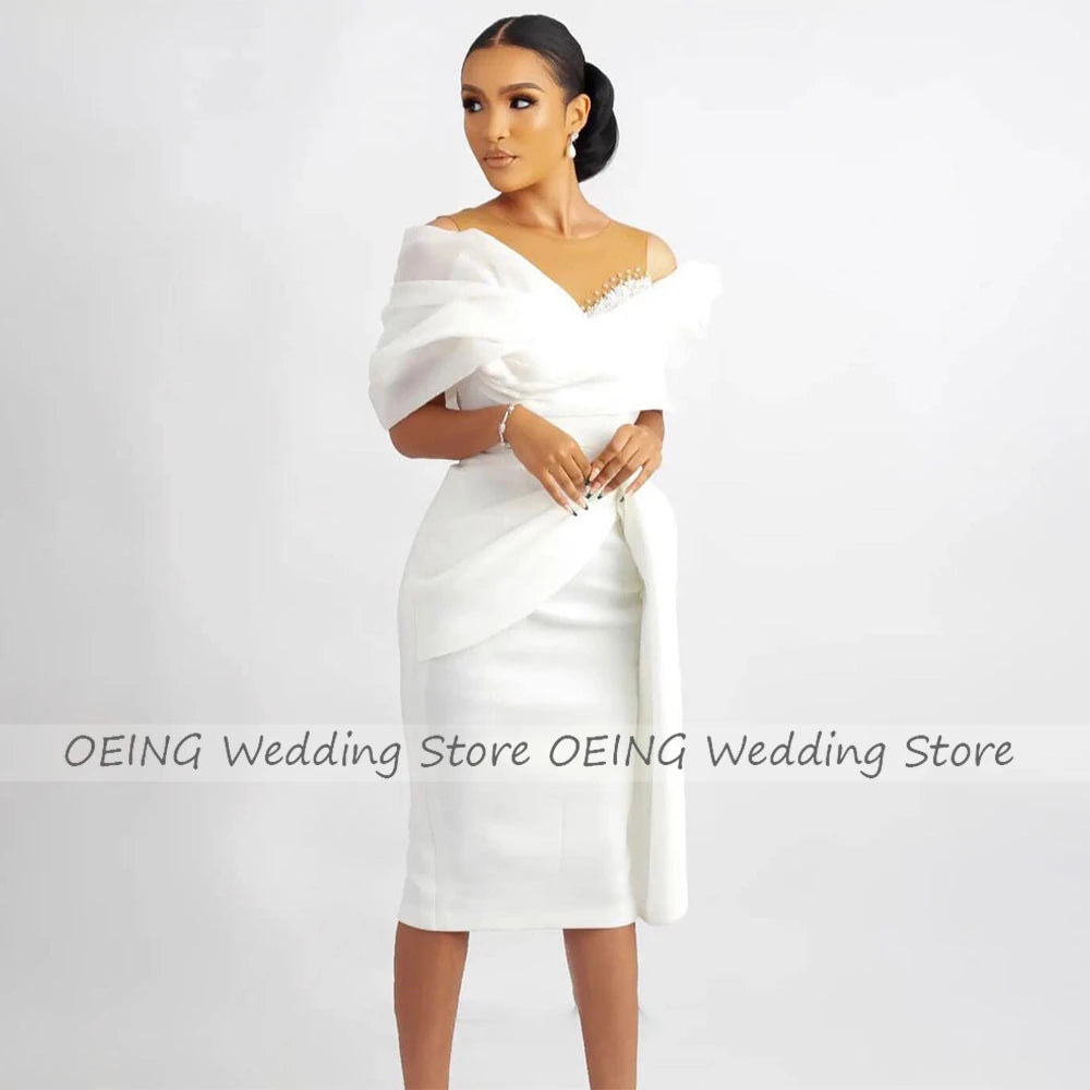 Short Wedding Dress | Off Shoulder Beaded Sheath Bridal Gown Knee Length Brown Nude n Ivory | Afrocentric