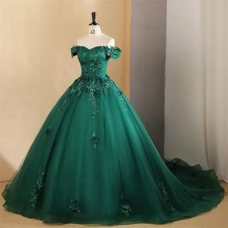 Floral Quinceañera Ball Gown – Off Shoulder Tulle Dress (Plus Size Available)